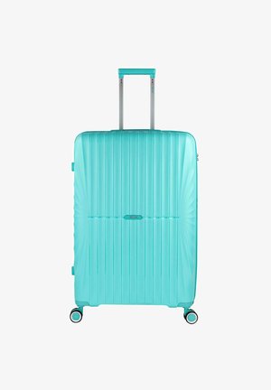 Maleta rígida color turquesa con ranuras verticales, asa retráctil, cuatro ruedas giratorias 360 grados y un logo en el centro.