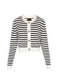 Zwart-wit gestreepte cardigan, cropped lengte, lange mouwen, ronde halslijn, met knoopsluitingen en geribde manchetten en zoom.