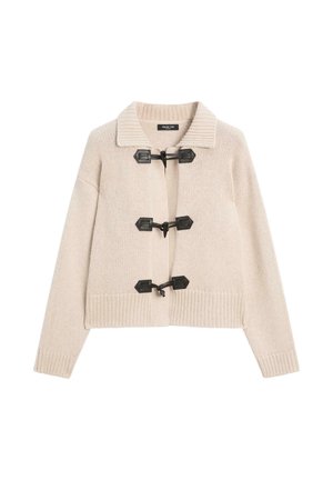 Beige gebreide cardigan met een col, voorzien van zwarte toggles en ribbelmanchetten en -zoom. Zachte textuur, cropped ontwerp.
