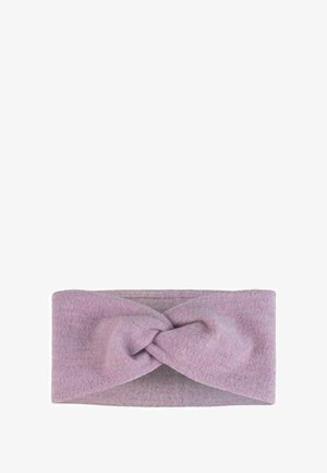 Purple knitted headband with a twisted design at the front, made from soft, textured fabric. Measures approximately 6 inches wide.