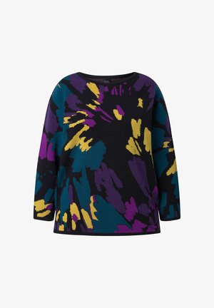 Pletený svetr s kulatým výstřihem, zdobený barevným abstraktním vzorem v purpurové, tyrkysové a žluté barvě na černém pozadí. Dlouhé rukávy.