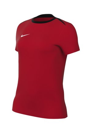T-shirt de sport rouge à manches courtes avec col noir et accents aux épaules, avec un logo Nike blanc sur la poitrine droite.