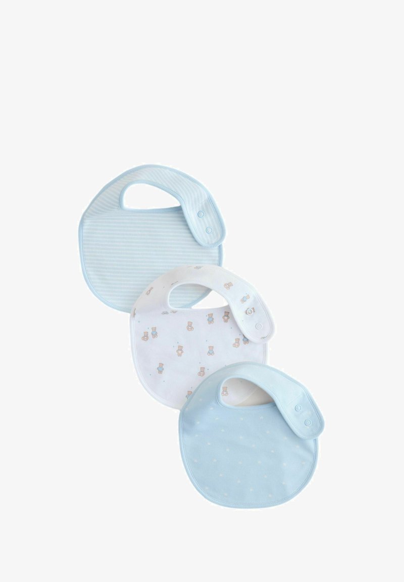 Kolm beebitootjat, millel on nööbid; üks helesinine valgete tähtedega, üks valge karude piltidega ja üks helesinine triibuline.