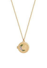 Collana con ciondolo d'oro caratterizzata da dettagli floreali in smalto, forma circolare, bordi testurizzati e una delicata catena.