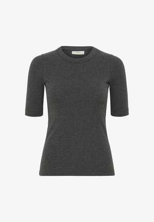 Pilkas trumpas rankovėmis viršus, pagamintas iš riboto audinio. Yra apvali iškirptė ir prigludusi siluetas. Nėra matomų raštų ar akcentų.