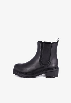 Stivali neri in pelle fino alla caviglia con pannelli laterali elasticizzati, punta rotonda e tacco robusto. Texture liscia con un'etichetta sul retro.