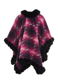 Poncho con bordo in pelliccia sintetica e motivo geometrico nelle tonalità di rosa, nero e viola. Texture morbida e design fluido a mantella.