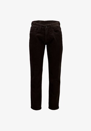 Mænds mørkebrune corduroy bukser med frontknap og lynlås, bæltestropper samt for- og baglommer, vist mod en hvid baggrund.