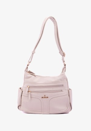 Borsa a spalla in pelle beige chiaro con molteplici tasche con cerniera, accessori in tonalità oro, superficie testurizzata e tracolla regolabile.