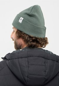 Man with curly hair wearing a green knit beanie with a tree logo and a black quilted jacket, viewed from behind and side.