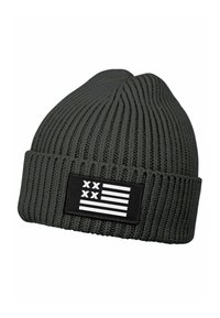 Gray knitted beanie featuring a ribbed texture and folded cuff with a rectangular black patch displaying a white graphic resembling a flag.