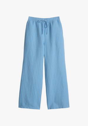 Lichtblauwe broek met wijde pijpen, witte verticale krijtstrepen en een elastische tailleband met aantrekkoord.