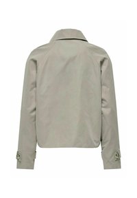 Chaqueta cropped gris claro con collar puntiagudo, mangas raglán y puños abotonados. Textura suave y diseño minimalista.