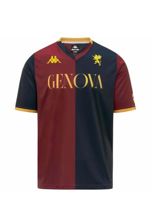 Maillot de football bicolore rouge et bleu marine avec bordure de col jaune, texte "GENOVA", logo Kappa et emblème de griffon sur la poitrine.