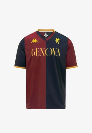 Maillot de football bicolore rouge et bleu marine avec bordure de col jaune, texte "GENOVA", logo Kappa et emblème de griffon sur la poitrine.