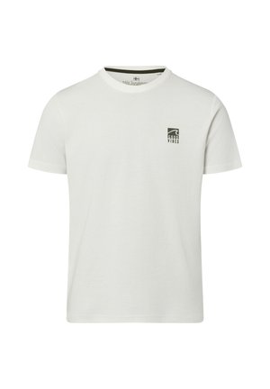 Weißes T-Shirt mit kurzen Ärmeln und Rundhalsausschnitt, mit kleinem schwarzem "Good Vibes"-Aufdruck auf der linken Brust.