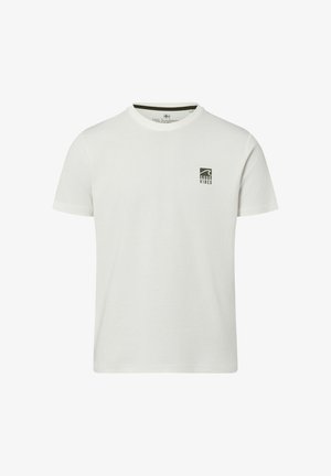 White short-sleeve crew neck t-shirt with small black "Good Vibes" graphic on the left chest.