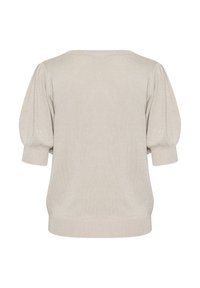 Světle béžový pulovr vyrobený z lesklého materiálu. Má krátké balónové rukávy a kulatý výstřih. Jednoduchý design s žebrovaným lemem a manžetami.