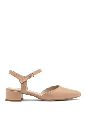 Scarpe con tacco a blocco in pelle beige, con punta aperta, cinturino alla caviglia regolabile e dettagli di cucitura discreti sui lati.