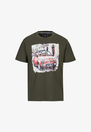Olive green cotton t-shirt featuring a printed graphic of a red car with a bear inside, bordered by a textured white outline.
