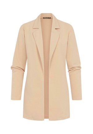 Lys beige blazer med spids krave, åben front design og lange ærmer. Blød stoftekstur med minimale syninger.
