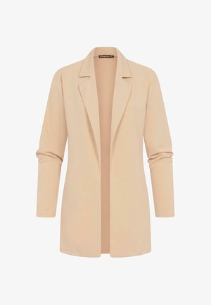 Lichtbeige blazer met een reverskraag, open voorkant en lange mouwen. Zachte stoftextuur met minimale stikseldetails.
