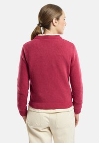 Maglione rosso тестurizzato con colletto e polsini a coste. Presenta una vestibilità classica ed è indossato sopra una camicia bianca con colletto, abbinato a pantaloni crema.