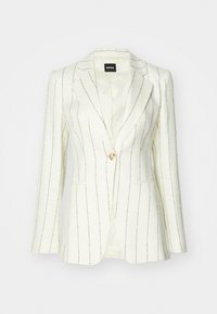 Witte blazer met zwarte streepjes, enkele knoopsluiting, geknipte revers, twee voorzakken en een gladde voering.