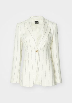 White blazer with black pinstripes, single button closure, notched lapels, two front pockets, and smooth interior lining.