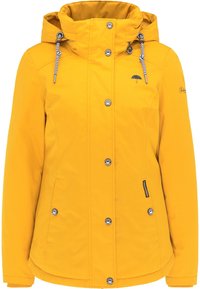 Veste imperméable jaune avec capuche, fermetures à pression, deux poches latérales et petit logo parapluie sur la poitrine. Tissu texturé avec cordons de serrage réglables.