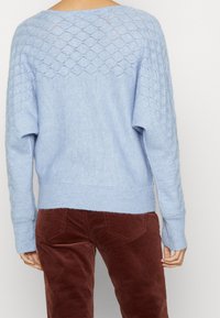 Jasnoniebieski sweter z dzianiny z diamentowym wzorem w siateczkę na plecach, z luźnymi rękawami i ściągaczem na dole. W zestawie z brązowymi spodniami z kordurowej tkaniny.