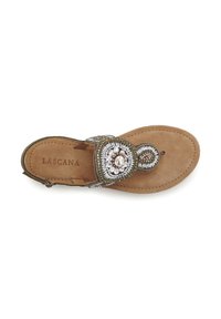 Sandal with a flat brown sole, decorative beading in silver and gold tones, and a central gemstone accent. Brand name LASCANA visible.