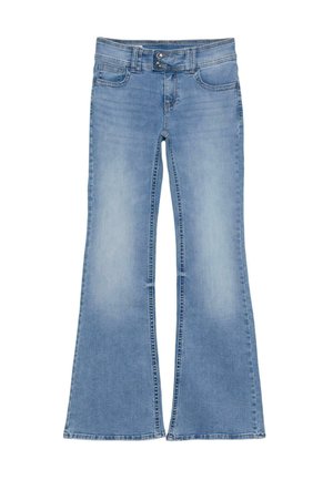 Svetlomodré džínsy z denimu s dvojtlačidlovým pásom, prednými a zadnými vreckami a rozšírenými nohavicami, položené na bielom pozadí.