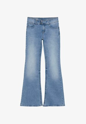 Svetlomodré džínsy z denimu s dvojtlačidlovým pásom, prednými a zadnými vreckami a rozšírenými nohavicami, položené na bielom pozadí.