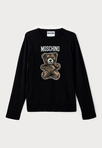 Black long-sleeve sweatshirt, featuring a teddy bear graphic and "MOSCHINO" text above. Made from soft fabric with a ribbed neckline and cuffs.