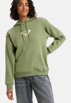 Olivgrüner Hoodie mit Fronttasche, Kapuze mit Kordelzug und einem weißen Logo-Graphic. Weicher Stoff mit gerippten Bündchen und Saum.