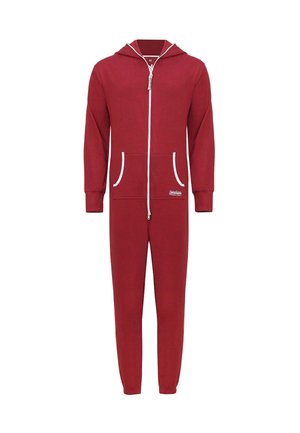 Tutina rossa con zip, cappuccio, dettagli bianchi e due tasche frontali. Realizzata in tessuto morbido con polsini elasticizzati alle caviglie.