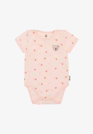 Hellrosa Baby-Strampler mit kurzen Ärmeln, kleinen orangefarbenen Blumenmustern und einem kleinen, auf der Brust stickierten Teddybärgesicht.