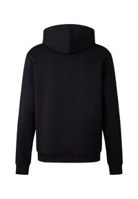 Sweat à capuche noir à manches longues vu de dos avec un design uni, simple et des poignets et une ceinture côtelés.