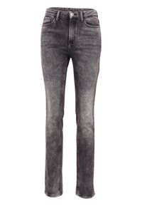 Jeans in denim grigio con una vestibilità dritta, caratterizzati da un lavaggio sbiadito, design a cinque tasche, chiusura con bottone e passanti per cintura.
