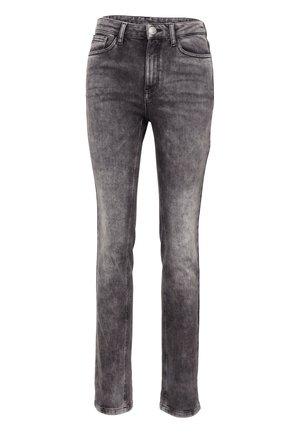 Jeans in denim grigio con una vestibilità dritta, caratterizzati da un lavaggio sbiadito, design a cinque tasche, chiusura con bottone e passanti per cintura.