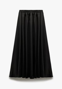 Falda negra de longitud hasta la rodilla, hecha de una tela suave. Cintura elástica, diseño fluido y sin patrones ni herrajes visibles. Silueta simple y clásica.