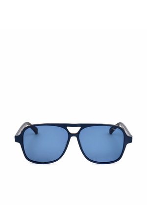 Occhiali da sole rettangolari eleganti di colore blu con montatura blu scuro, aste leggermente curve e un piccolo intaglio sopra il ponte del naso.