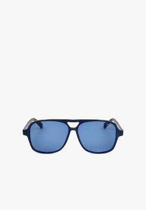 Occhiali da sole rettangolari eleganti di colore blu con montatura blu scuro, aste leggermente curve e un piccolo intaglio sopra il ponte del naso.