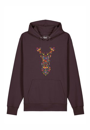 Dunkellila Kapuzenpullover mit Kordeln, Fronttasche und buntem Blumenmuster, das auf der Brust einen stilisierten Hirschkopf zeigt.
