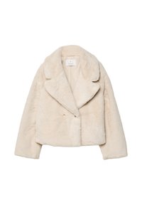 Veste en fausse fourrure couleur crème avec un col cranté, une fermeture à double bouton et une coupe courte. Texture douce et doublure lisse.