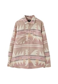 Camicia a pulsante con motivo a disegni geometrici in tonalità smorzate di rosa, crema e grigio. Realizzata in tessuto testurizzato e dotata di tasca.