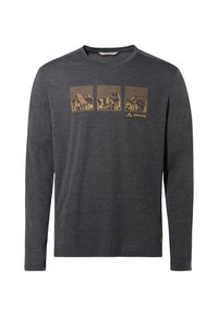 Grijze T-shirt met lange mouwen, gemaakt van zachte stof, voorzien van een gele grafische print van bergen en bomen over de borst.