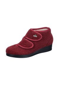 Red felt slipper with a wedge sole, featuring a double velcro strap and contrasting trim. Soft interior lining for comfort.