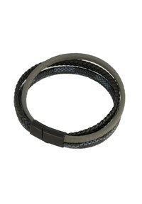 Bracciale in pelle nera intrecciata e tessuto grigio strutturato con una chiusura nera liscia, caratterizzato da un design a doppia fascia e un profilo slim.